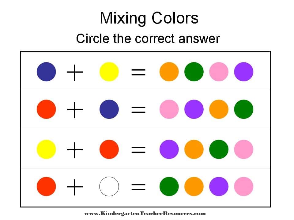 Kindergarten Worksheets Mixing Colors