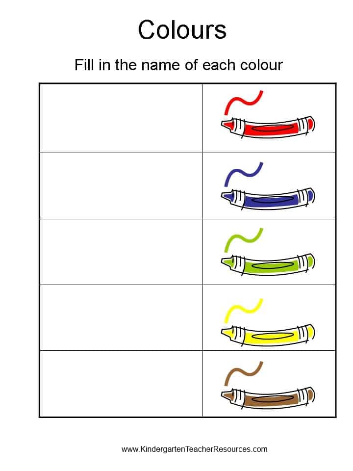 kindergarten worksheets colour words
