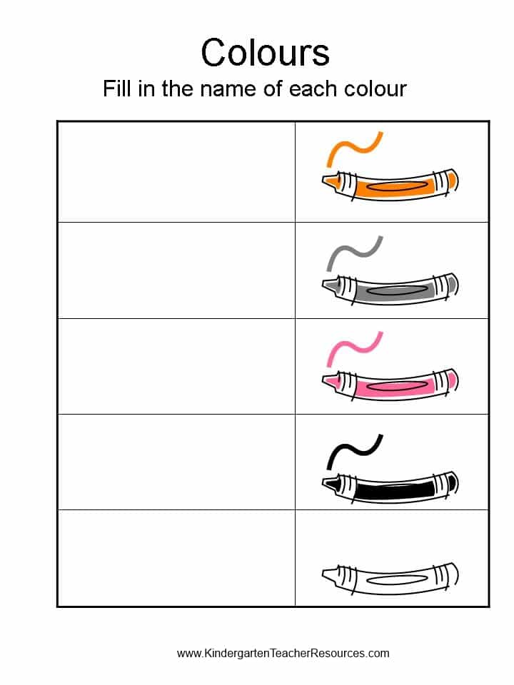 kindergarten worksheets colour words