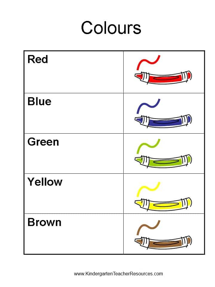 Kindergarten Worksheets - Colour Words