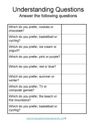 Kindergarten Worksheets - Understanding Questions