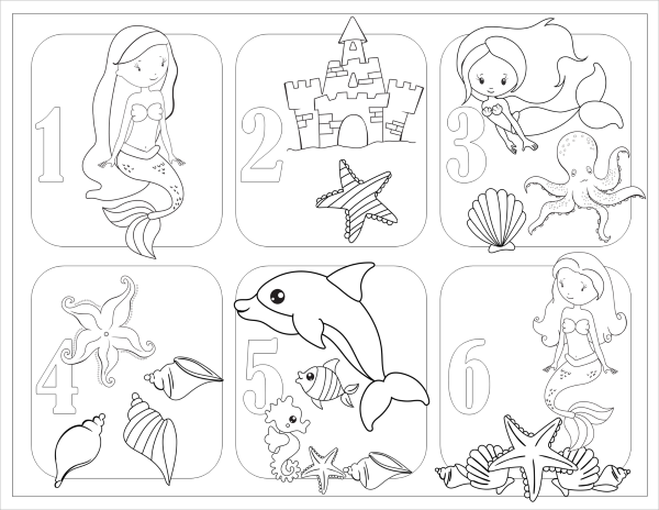 Mermaids and Unicorns number coloring page